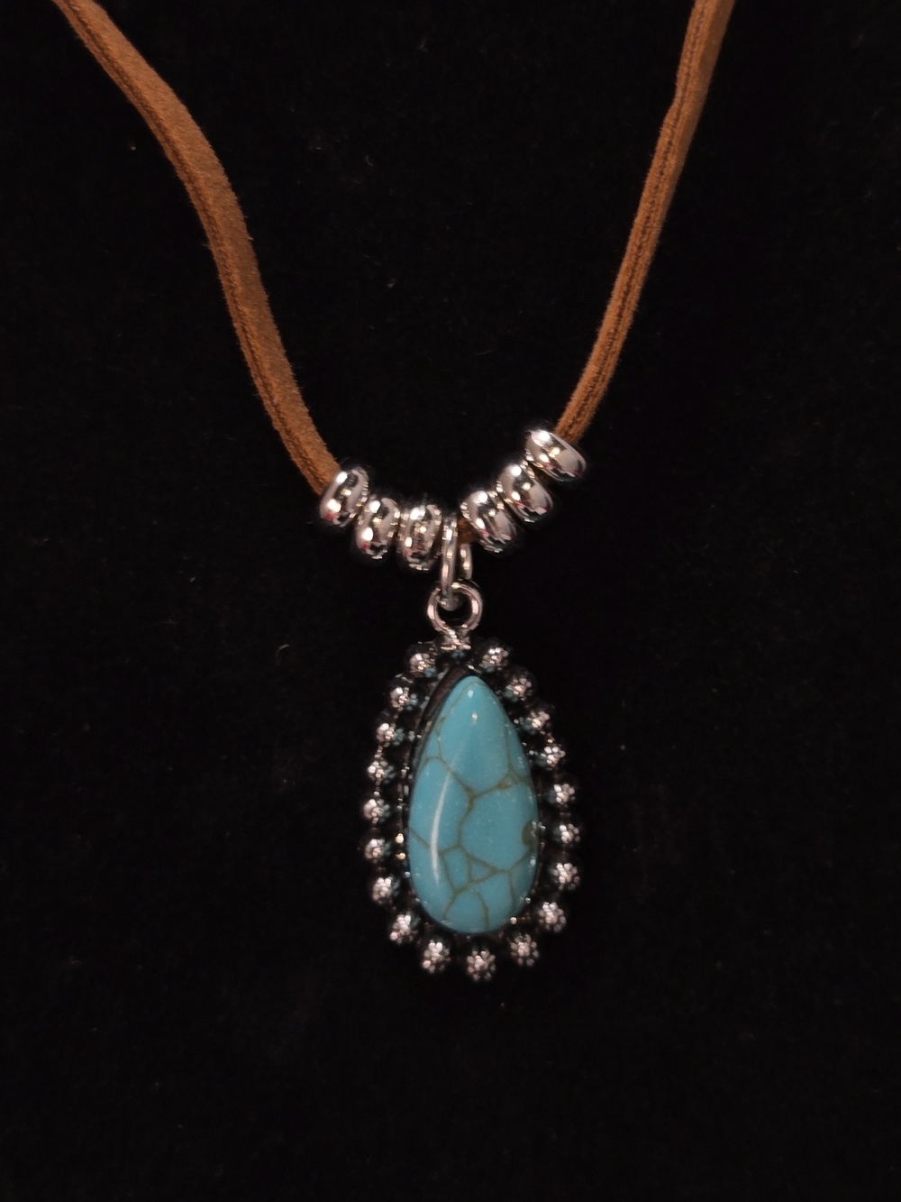 Turquoise Teardrop Pendant Necklace Boho Layered Suede Cord Jewelry Desert Chic - Picture 4 of 5
